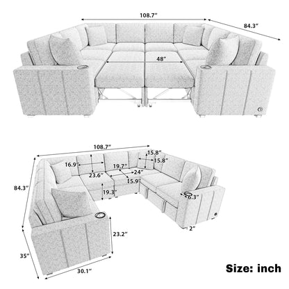 Canapé sectionnel modulaire en U de 108 pouces avec canapé-lit gigogne, ports USB et deux porte-gobelets pour le salon