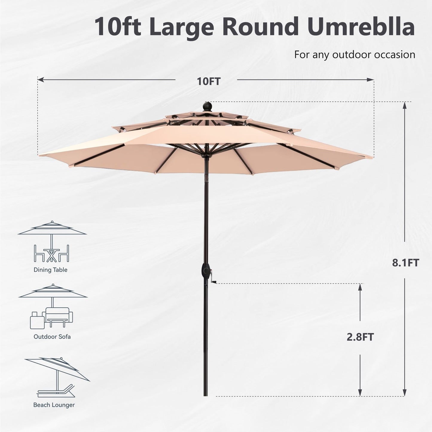 Parasol de terrasse inclinable à 3 niveaux de 10 pieds de MAISON ARTS, parasol d'extérieur à double ventilation avec lumières LED