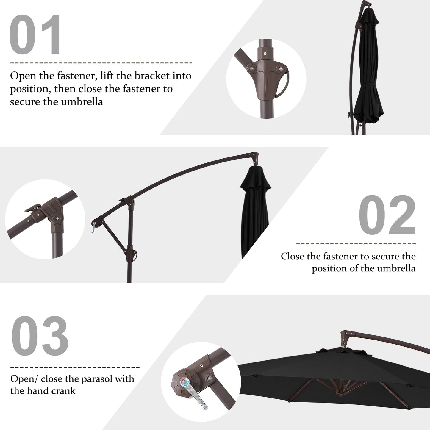 Parasol déporté suspendu à manivelle en acier de 3 m