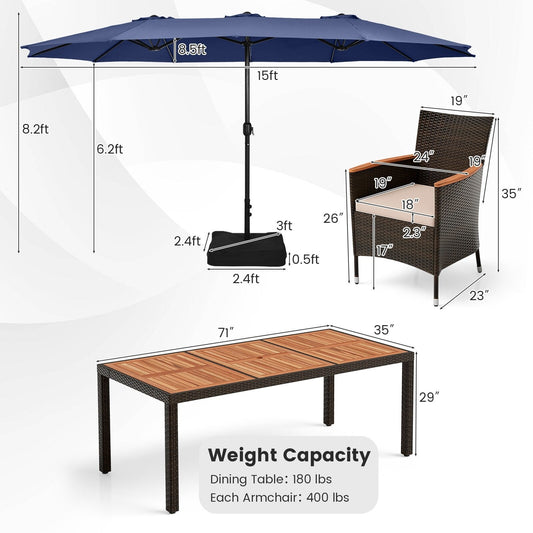 Ensemble de salle à manger de patio 11 pièces en rotin avec parasol de 4,5 m