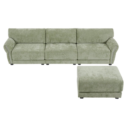 Canapé sectionnel en chenille de 110 pouces en forme de L avec chargement USB et Type-C, accoudoirs en pétales et pouf amovible pour le salon