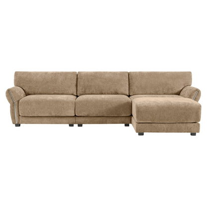 Canapé sectionnel en chenille de 110 pouces en forme de L avec chargement USB et Type-C, accoudoirs en pétales et pouf amovible pour le salon