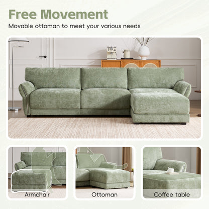 Canapé sectionnel en chenille de 110 pouces en forme de L avec chargement USB et Type-C, accoudoirs en pétales et pouf amovible pour le salon