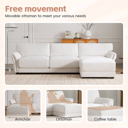 Canapé sectionnel en chenille de 110 pouces en forme de L avec chargement USB et Type-C, accoudoirs en pétales et pouf amovible pour le salon