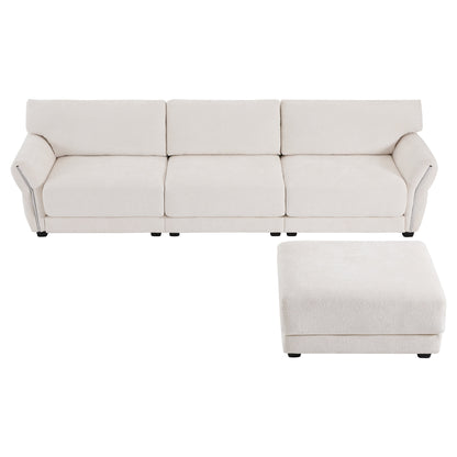Canapé sectionnel en chenille de 110 pouces en forme de L avec chargement USB et Type-C, accoudoirs en pétales et pouf amovible pour le salon