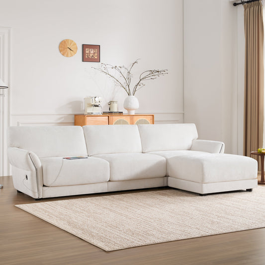 Canapé sectionnel en chenille de 110 pouces en forme de L avec chargement USB et Type-C, accoudoirs en pétales et pouf amovible pour le salon