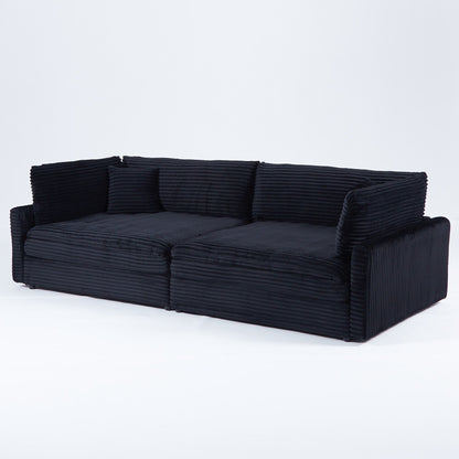 Canapé en velours côtelé noir de 112 pouces : deux coussins décoratifs, quatre dossiers, ouvrant un nouveau style pour l'espace décontracté du salon