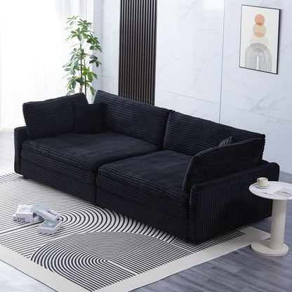 Canapé en velours côtelé noir de 112 pouces : deux coussins décoratifs, quatre dossiers, ouvrant un nouveau style pour l'espace décontracté du salon