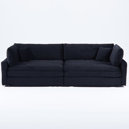 Canapé en velours côtelé noir de 112 pouces : deux coussins décoratifs, quatre dossiers, ouvrant un nouveau style pour l'espace décontracté du salon