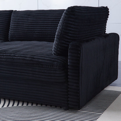 Canapé en velours côtelé noir de 112 pouces : deux coussins décoratifs, quatre dossiers, ouvrant un nouveau style pour l'espace décontracté du salon