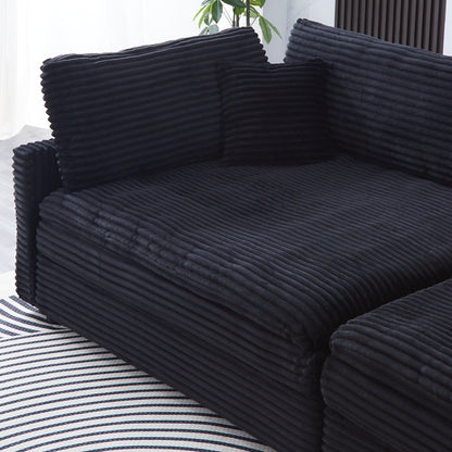 Canapé en velours côtelé noir de 112 pouces : deux coussins décoratifs, quatre dossiers, ouvrant un nouveau style pour l'espace décontracté du salon