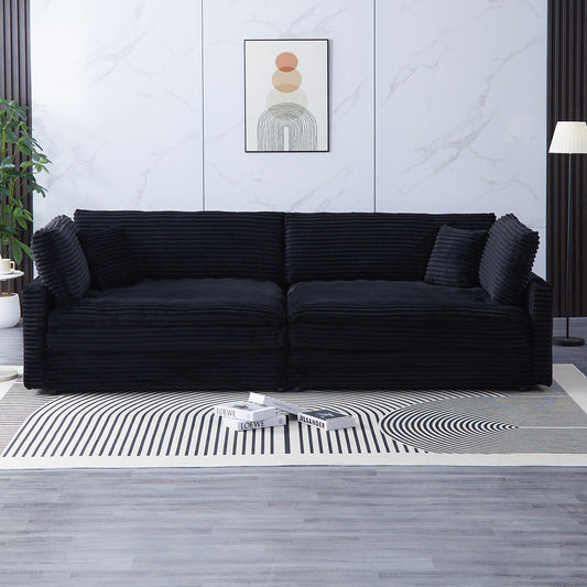 Canapé en velours côtelé noir de 112 pouces : deux coussins décoratifs, quatre dossiers, ouvrant un nouveau style pour l'espace décontracté du salon