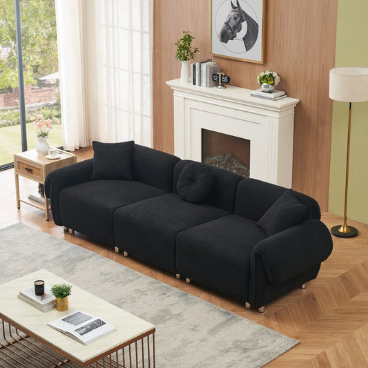 Canapé 3 places en tissu Teddy de 112 pouces avec 3 oreillers, résistant aux rayures, avec rembourrage moelleux et pieds en métal