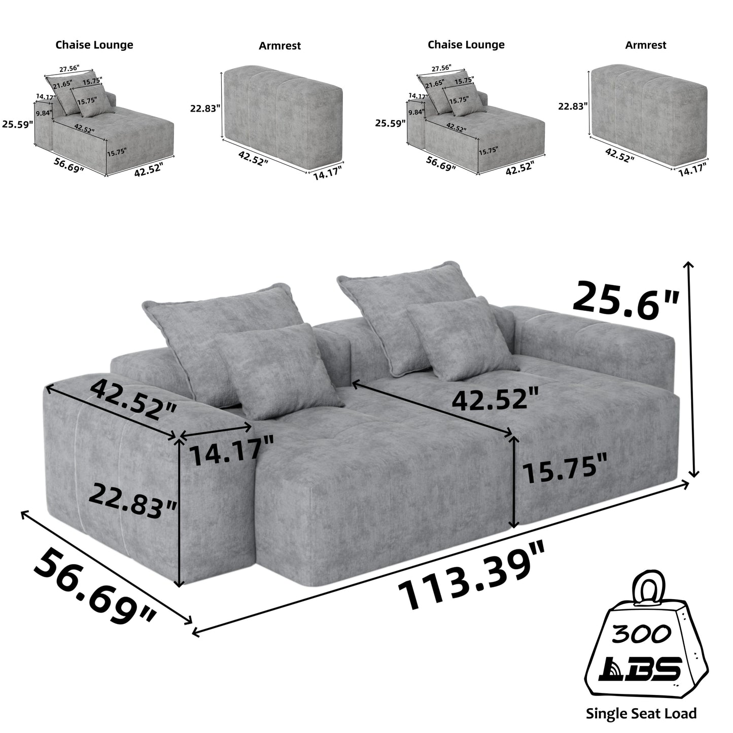 Canapé modulaire 4 places en chenille, capitonné et scintillant, base antidérapante, 113,39 $