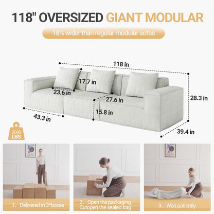 Canapé-lit convertible modulaire 3 places de 118 pouces en velours côtelé blanc