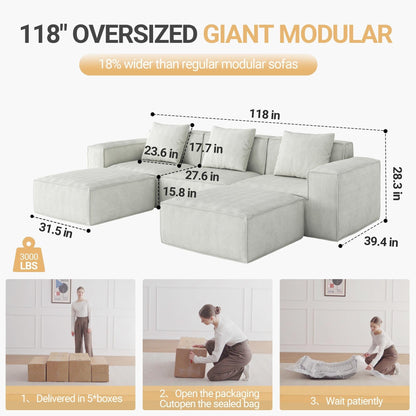 Canapé-lit convertible modulaire 3 places de 118 pouces avec repose-pieds en velours blanc nuage