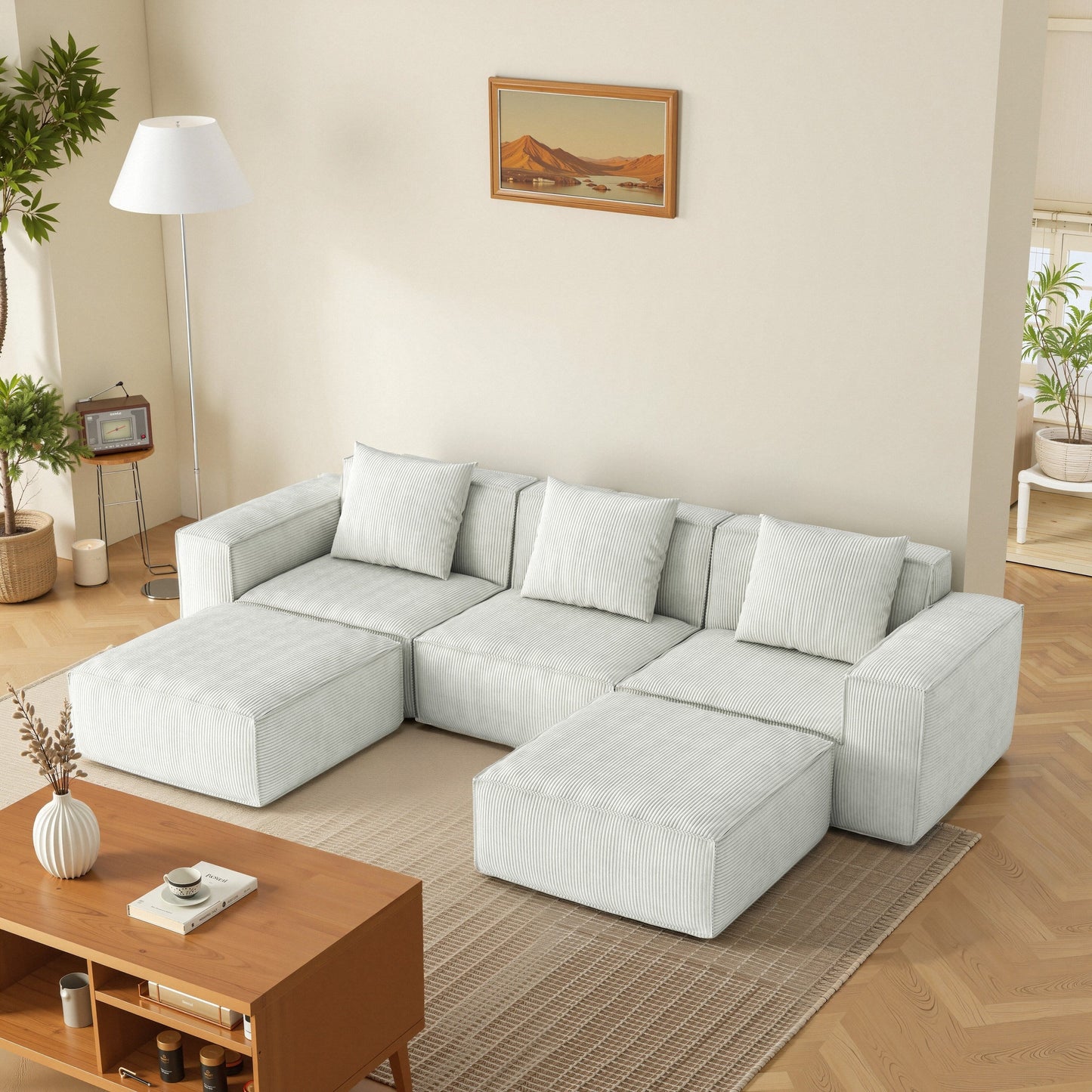 Canapé-lit convertible modulaire 3 places de 118 pouces avec repose-pieds en velours blanc nuage