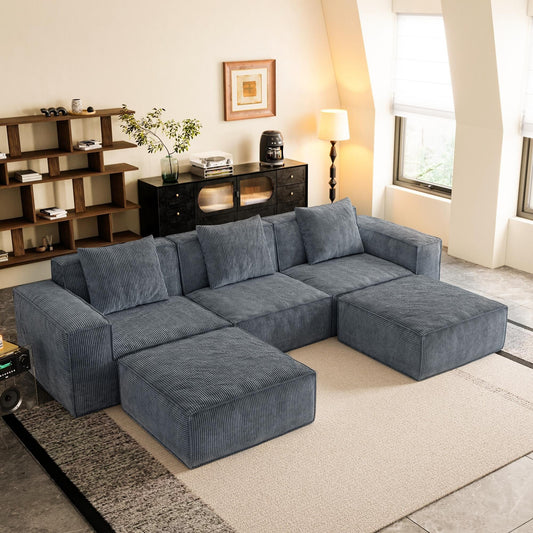 Canapé-lit modulaire de 118 pouces convertible en 3 places avec repose-pieds en velours côtelé gris