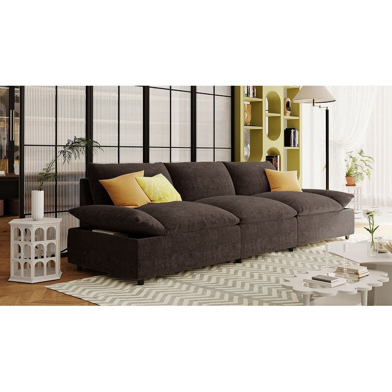 Grand canapé 3 places en polyester de 119,5 pouces avec 2 unités de rangement et pieds en bois d'hévéa pour le salon