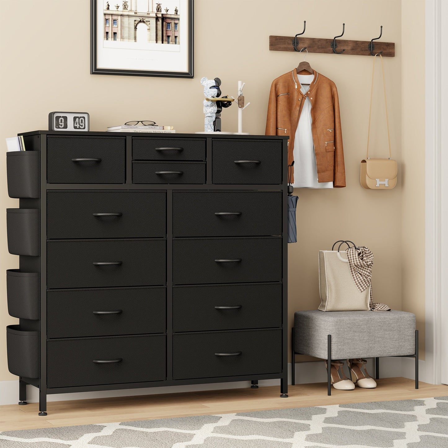 Commode haute en tissu à 12 tiroirs pour chambre à coucher