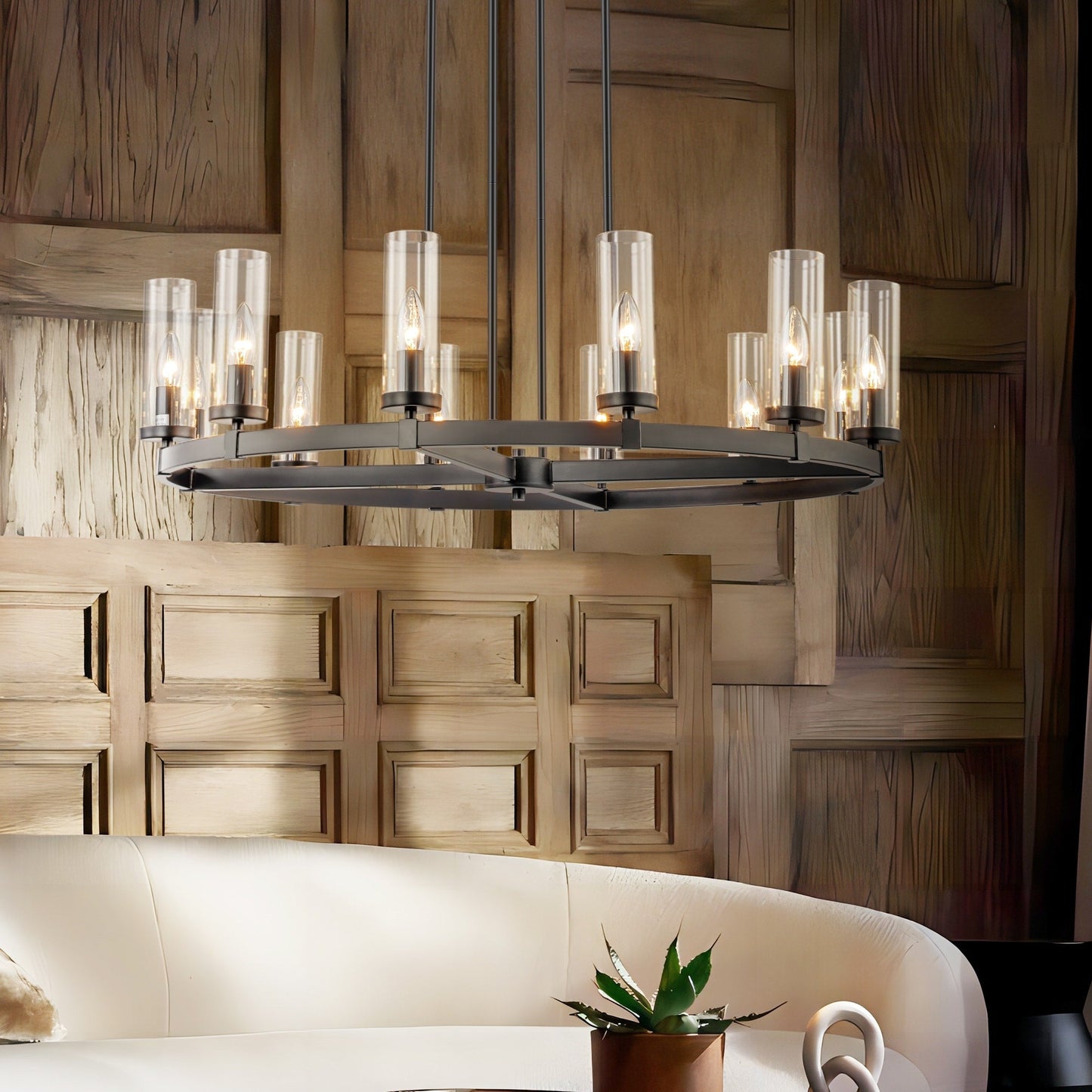 Lustre à 12 lumières en forme de roue de chariot, style moderne du milieu du siècle, en verre transparent, de couleur or/noir, grand modèle