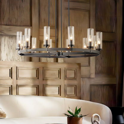 Lustre à 12 lumières en forme de roue de chariot, style moderne du milieu du siècle, en verre transparent, de couleur or/noir, grand modèle