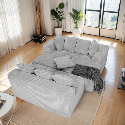 Canapé modulable réversible 4 places en U 130 en velours côtelé rayé gris – Agencement personnalisable pour salon et chambre