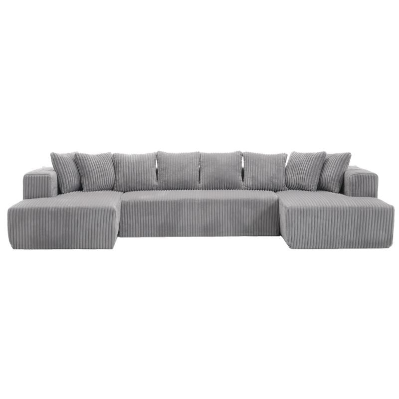 Canapé modulable réversible 4 places en U 130 en velours côtelé rayé gris – Agencement personnalisable pour salon et chambre