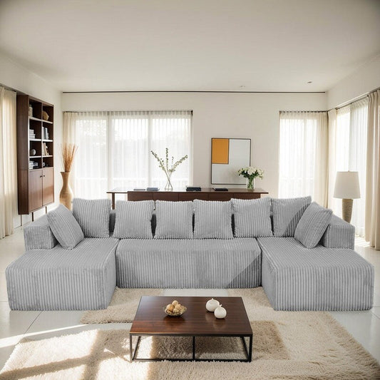 Canapé modulable réversible 4 places en U 130 en velours côtelé rayé gris – Agencement personnalisable pour salon et chambre