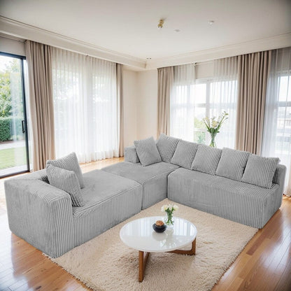 Canapé modulable réversible 4 places en U 130 en velours côtelé rayé gris – Agencement personnalisable pour salon et chambre