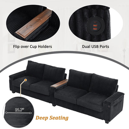 Canapé 4 places en velours côtelé 133 avec ports USB, porte-gobelets rabattables et rangement dissimulé