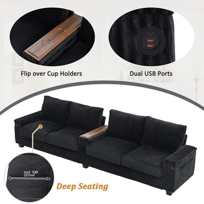 Canapé 4 places moderne en velours côtelé avec ports USB et porte-gobelets rabattables