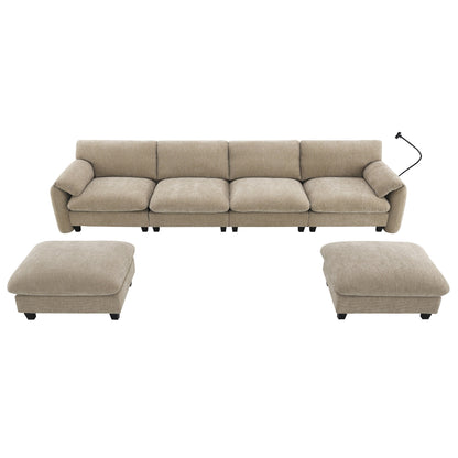 Canapé sectionnel en chenille de 140 pouces avec ports de chargement USB et Type-C, supports pour téléphone, poches de rangement latérales et poufs mobiles