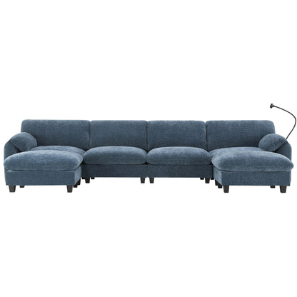 Canapé sectionnel en chenille de 140 pouces avec ports de chargement USB et Type-C, supports pour téléphone, poches de rangement latérales et poufs mobiles
