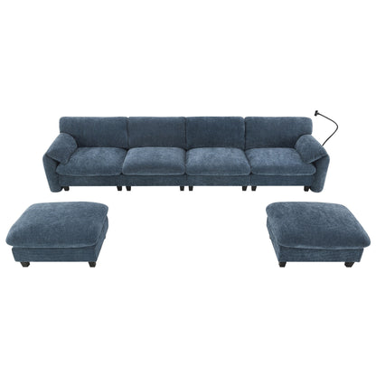 Canapé sectionnel en chenille de 140 pouces avec ports de chargement USB et Type-C, supports pour téléphone, poches de rangement latérales et poufs mobiles