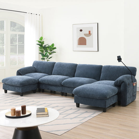 Canapé sectionnel en chenille de 140 pouces avec ports de chargement USB et Type-C, supports pour téléphone, poches de rangement latérales et poufs mobiles