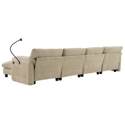 Canapé sectionnel en chenille de 140 pouces avec ports de chargement USB et Type-C, supports pour téléphone, poches de rangement latérales et poufs mobiles