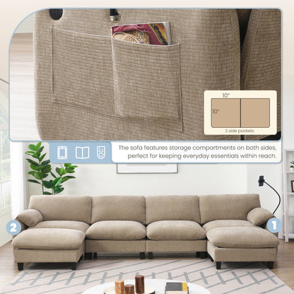 Canapé sectionnel en chenille de 140 pouces avec ports de chargement USB et Type-C, supports pour téléphone, poches de rangement latérales et poufs mobiles