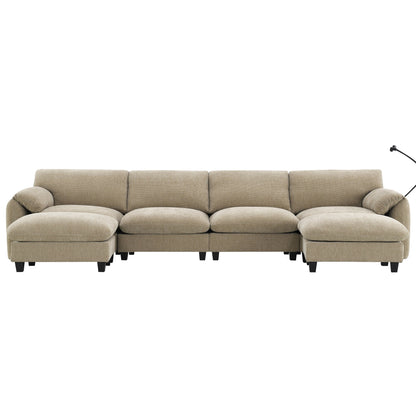 Canapé sectionnel en chenille de 140 pouces avec ports de chargement USB et Type-C, supports pour téléphone, poches de rangement latérales et poufs mobiles