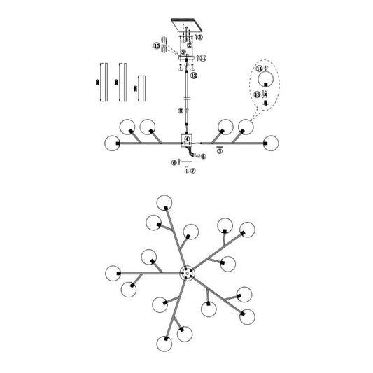Lustre linéaire moderne à 15 lumières pour îlot de cuisine Sputnik, composé de branches et de bulles en verre