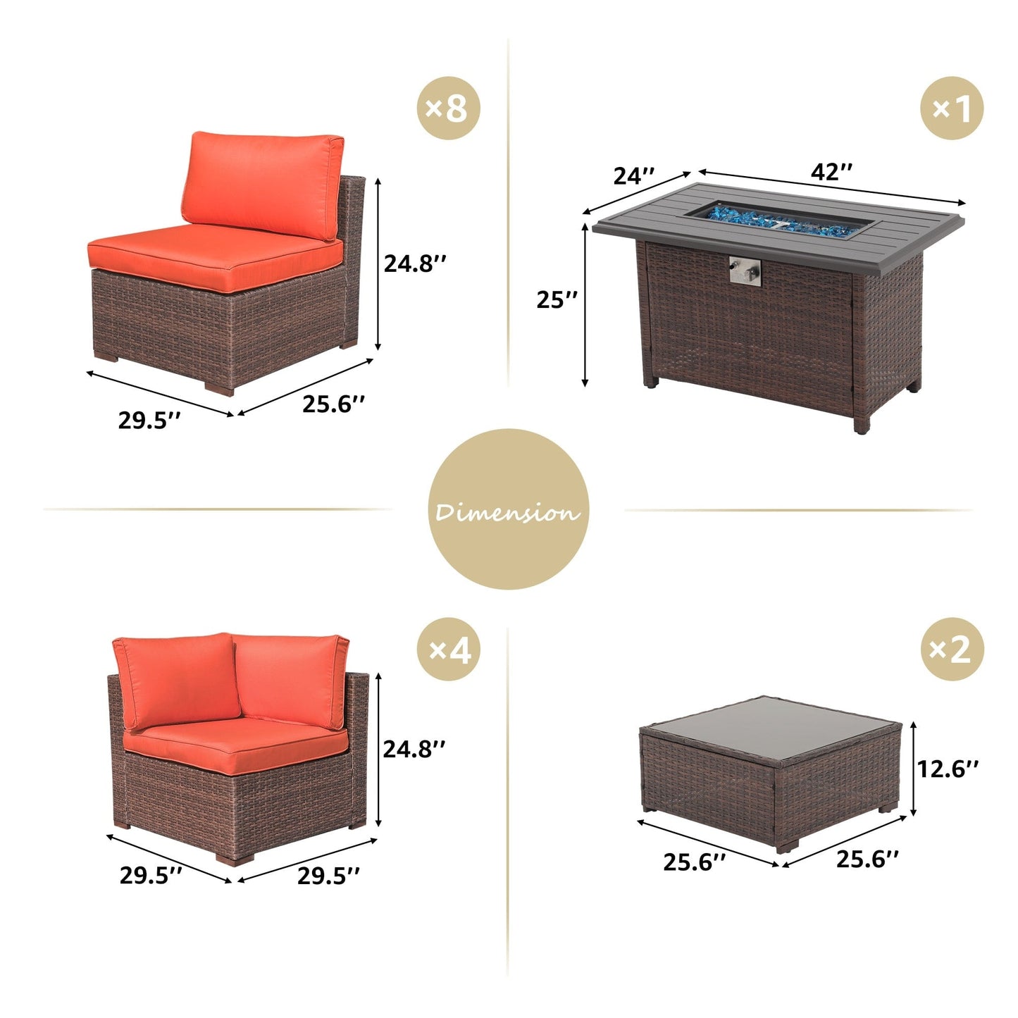 Ensemble de 15 meubles de patio en osier avec canapé, foyer et table