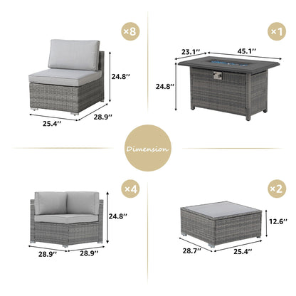 Ensemble de 15 meubles de patio en osier avec canapé, foyer et table