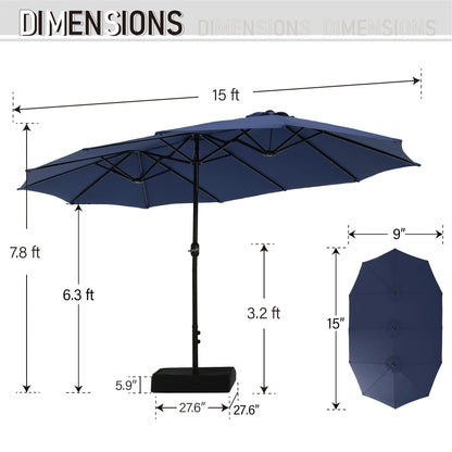 MAISON ARTS Parasol de marché extérieur rectangulaire à manivelle double face de 15 pieds Parasol de patio éclairé par LED solaire avec base incluse