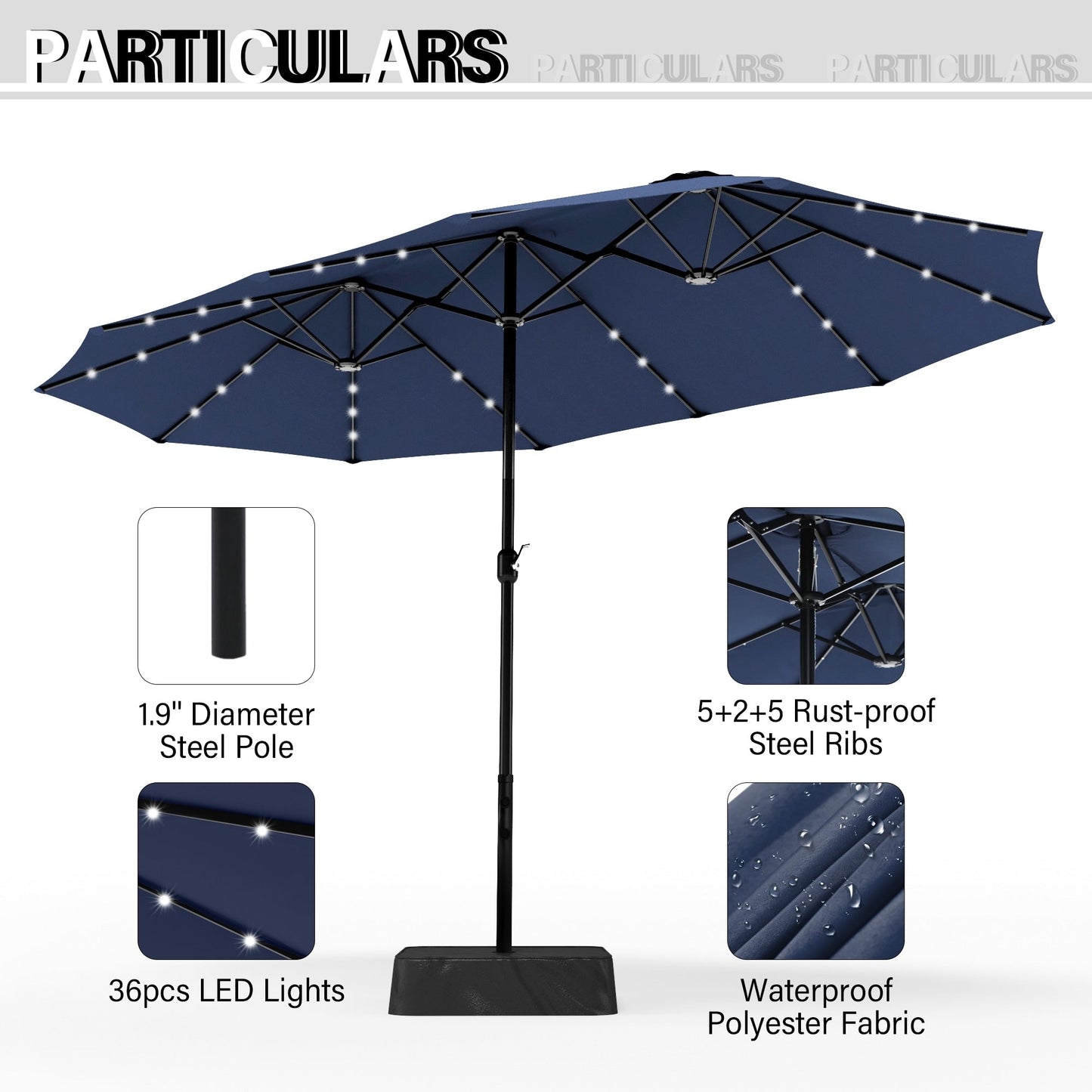 MAISON ARTS Parasol de marché extérieur rectangulaire à manivelle double face de 15 pieds Parasol de patio éclairé par LED solaire avec base incluse