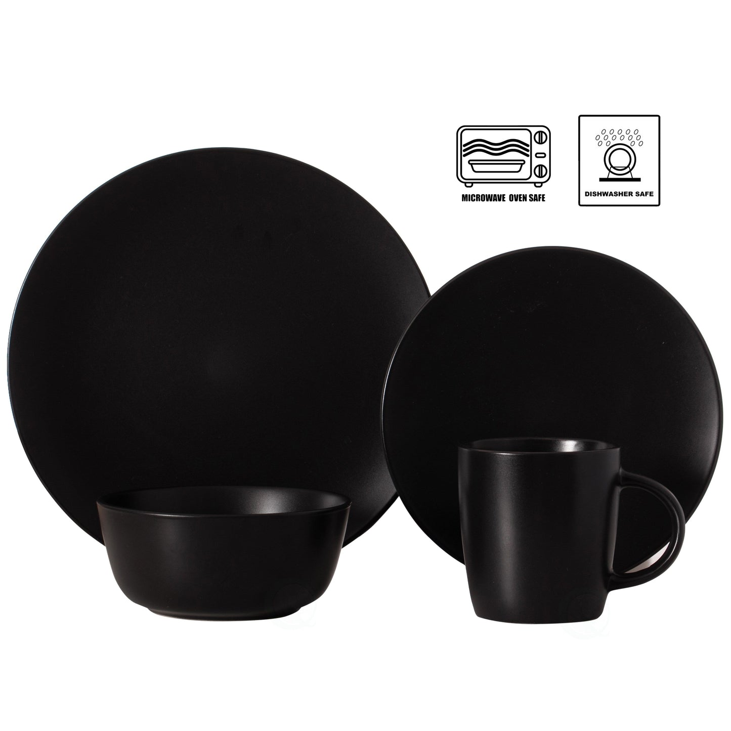 Service de table 16 pièces pour 4 personnes | Tasses, assiettes à salade, bols et saladiers, résistant aux éclats et aux fissures, noir mat