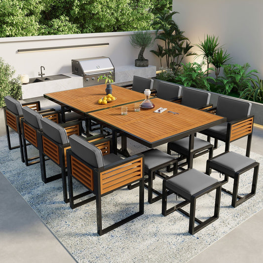 Ensemble de salle à manger de patio en bois d'acacia 18 pièces, 8 chaises rembourrées, 8 poufs et 2 tables carrées