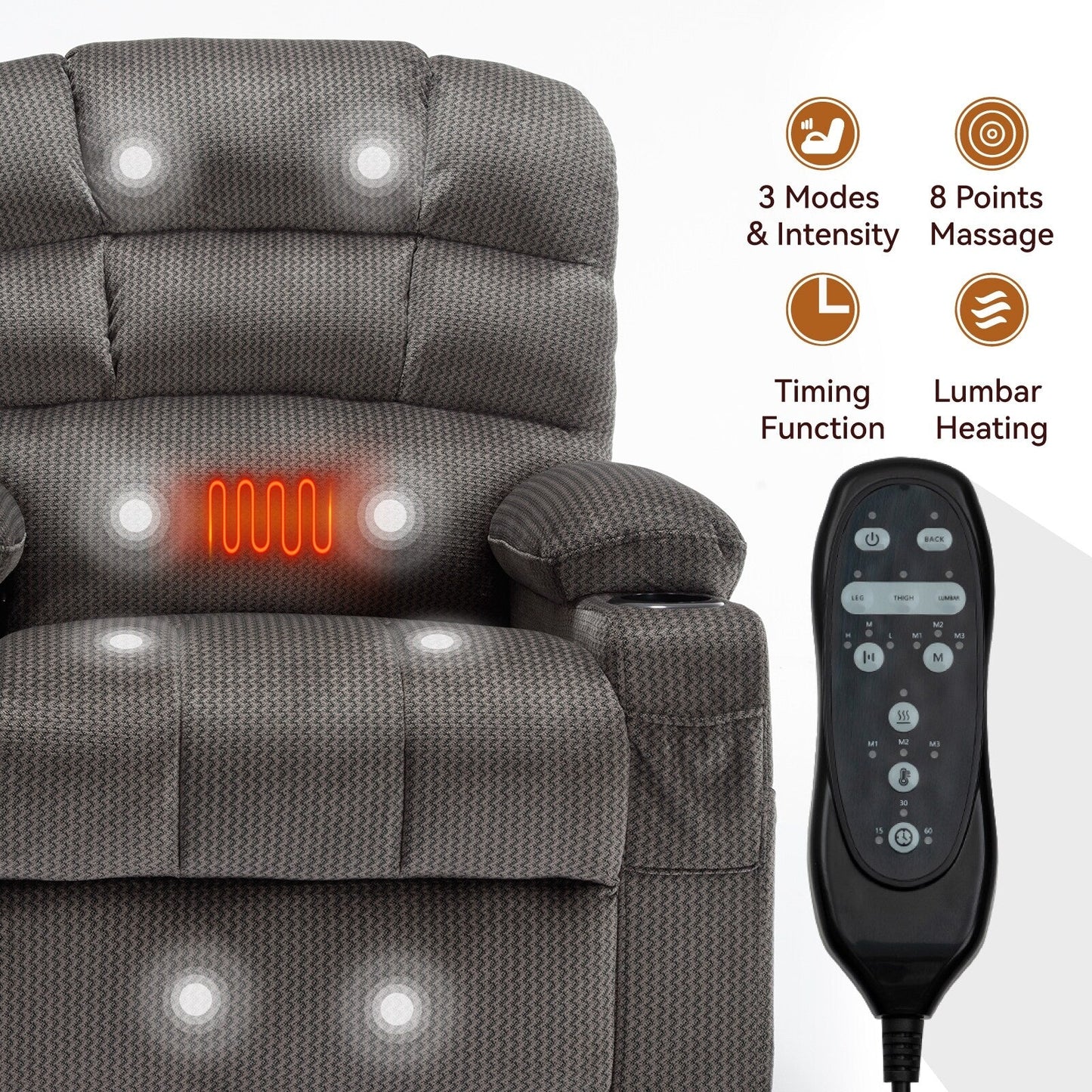 Fauteuil inclinable électrique à 180° avec massage et chauffage, deux porte-gobelets