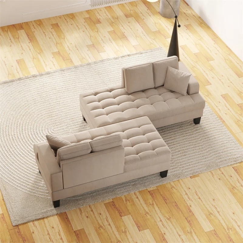 Ensemble de salon 2 pièces, chaise longue capitonnée et rembourrée avec 2 coussins décoratifs, gris chaud