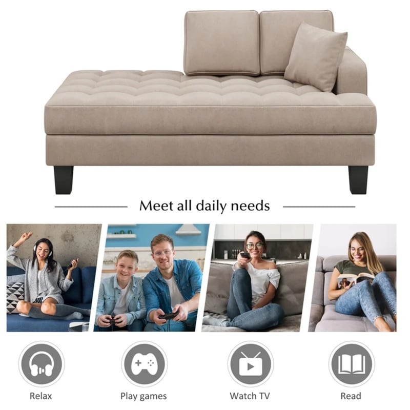 Ensemble de salon 2 pièces, chaise longue capitonnée et rembourrée avec 2 coussins décoratifs, gris chaud