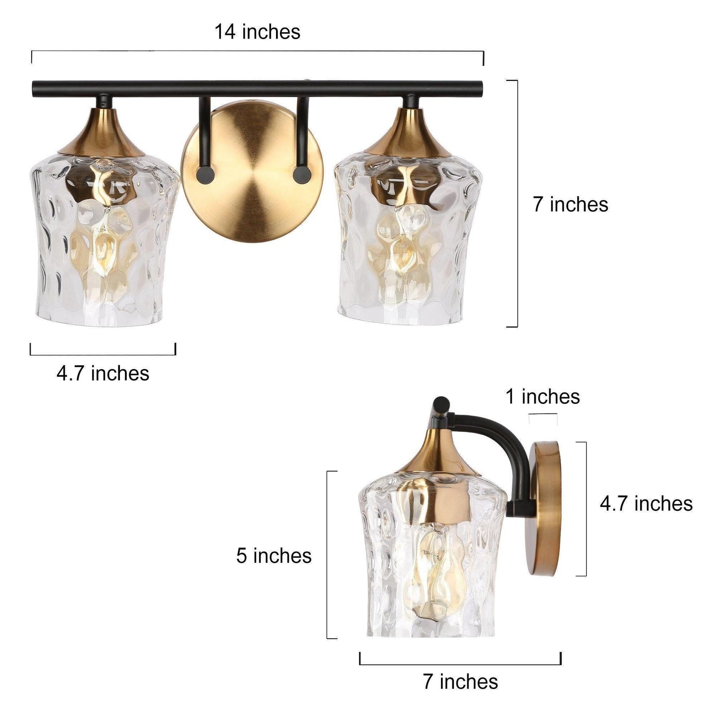 Applique murale de salle de bain moderne à 2, 3 ou 4 lumières, couleur or et noir, avec verre martelé
